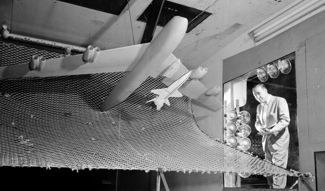 Engineers at NASA’s Langley Research Center use a 1/20 scale model of the B-52 and X-15 to test the release characteristics of the rocket plane (NASA)